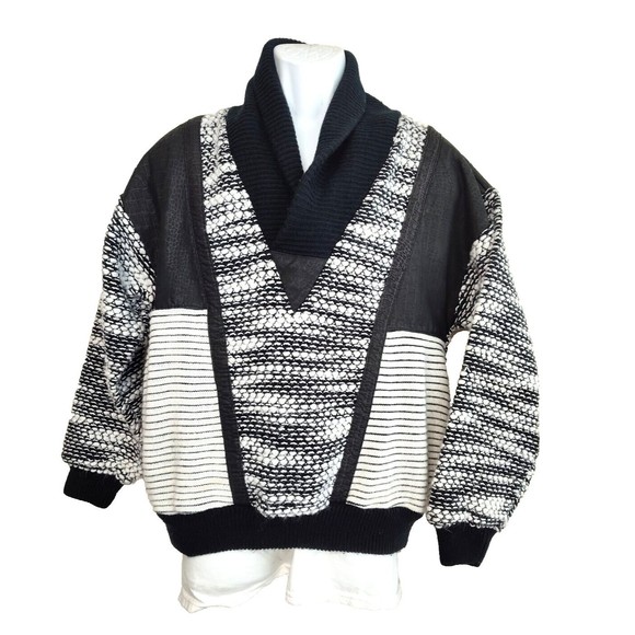 First Class Commando Wool Blend Mens Sweater Sz M Shawl Neck Pockets Black White - Picture 2 of 15